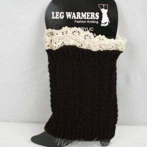 Black Cable Knit Boot Cuffs Leg Ankle Warmers Lace Trim Women's One Size
